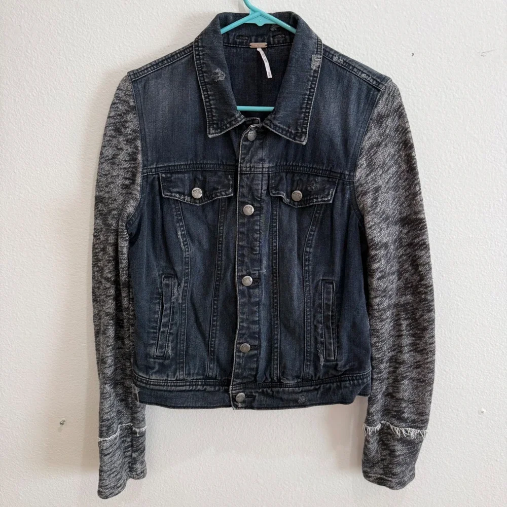 Free People Mixed Media Denim Jacket Knit Sleeves Distressed Dark Wash Medium